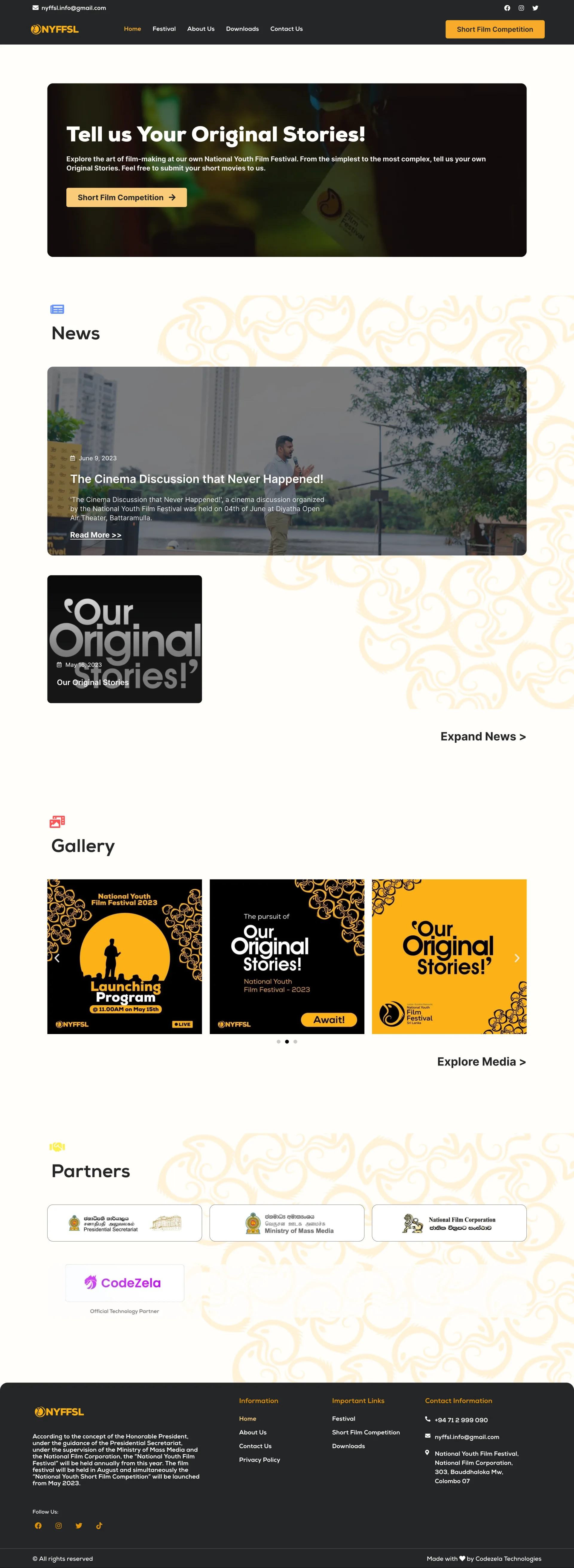 National Youth Film Festival Sri Lanka website homepage with news, gallery and partners